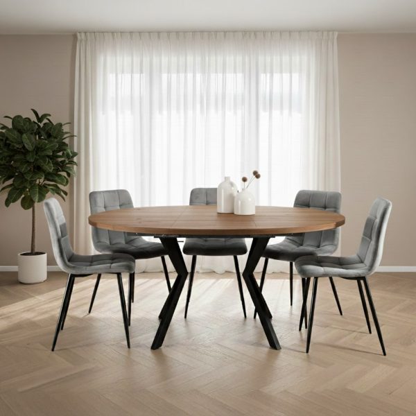 פינת אוכל עגולה נפתחת דמוי עץ טבעי דגם אלמוס + 6 כסאות - 8 סועדים