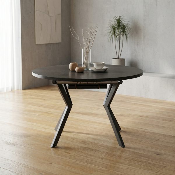 שולחן אוכל עגול נפתח דמוי שיש שחור דגם אלמוס - 8 סועדים