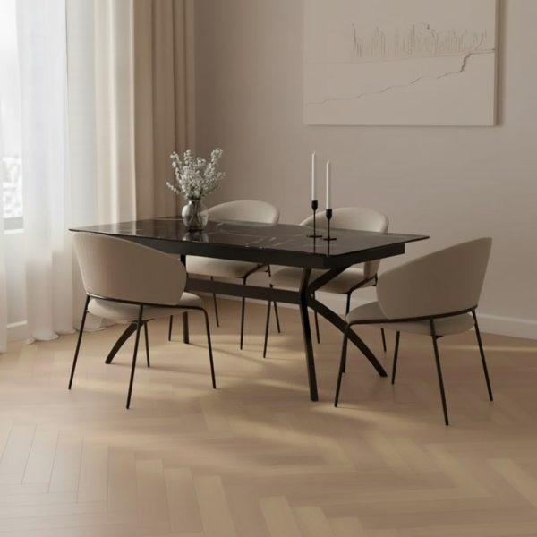 פינת אוכל מלבנית דמוי שיש שחור מבריק דגם קונקורד + 6 כסאות - 14 סועדים