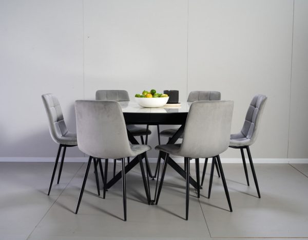 פינת אוכל עגולה נפתחת דמוי שיש לבן מבריק דגם רפאלו + 6 כסאות - 10 סועדים