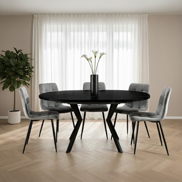 פינת אוכל עגולה נפתחת דמוי שיש שחור דגם אלמוס + 6 כסאות - 8 סועדים