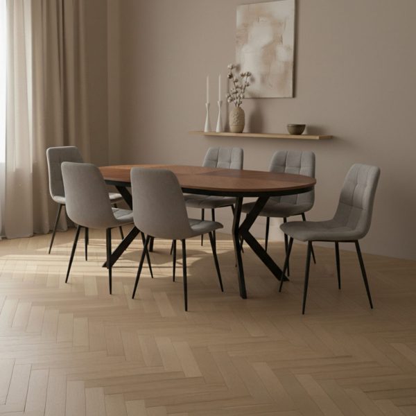 פינת אוכל אליפסה נפתחת אגוז אמריקאי דגם מונזו + 6 כסאות - 10 סועדים