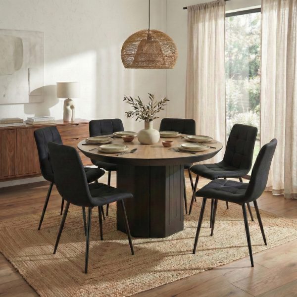 פינת אוכל עגול נפתחת ל3.30 מ' דמוי אלון טבעי דגם פלאנט + 6 כסאות - 16 סועדים