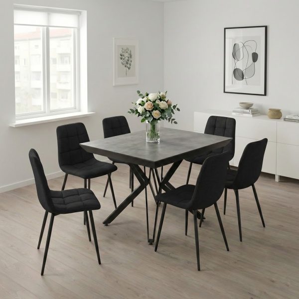 פינת אוכל מרובעת נפתחת דגם אקובה דמוי בטון + 6 כסאות - 12 סועדים