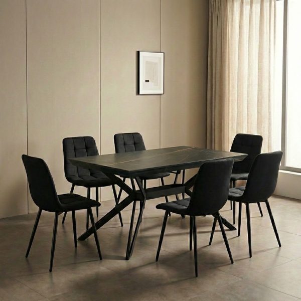 פינת אוכל דגם ארקו דמוי שיש שחור + 6 כסאות - 14 סועדים