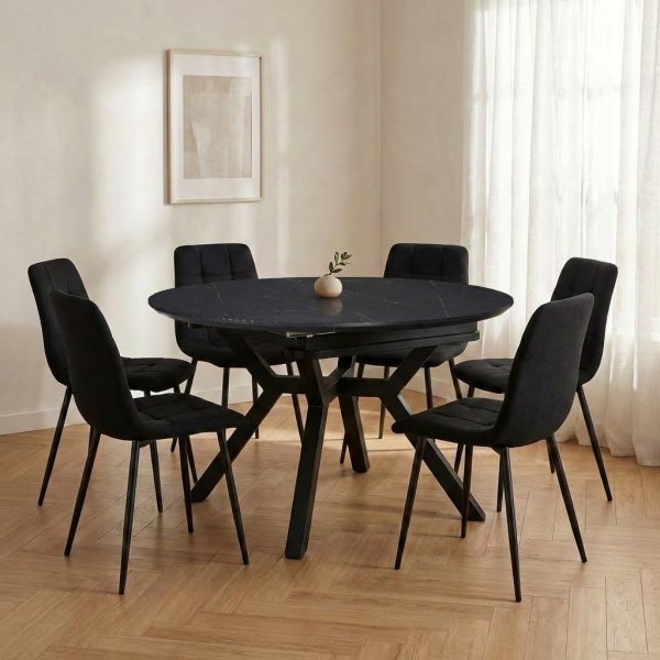 פינת אוכל דגם ברונו דמוי שיש שחור + 6 כסאות - 12 סועדים