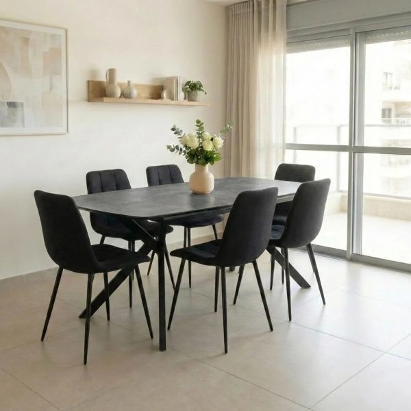 פינת אוכל מלבנית דגם קורטי דמוי בטון + 6 כסאות - 14 סועדים