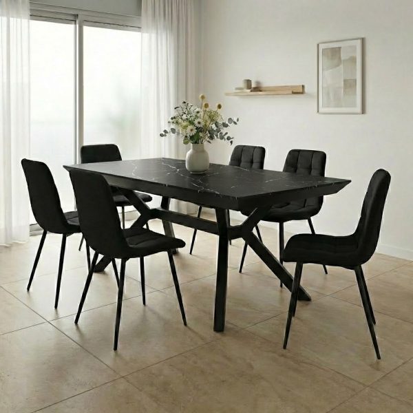 פינת אוכל דגם סייבר דמוי שיש שחור + 6 כסאות - 16 סועדים