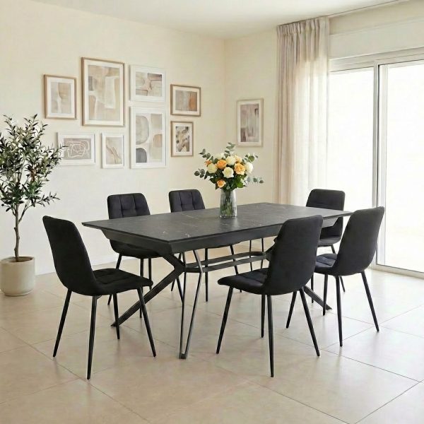 פינת אוכל דגם נוברטו דמוי שיש שחור + 6 כסאות - 18 סועדים