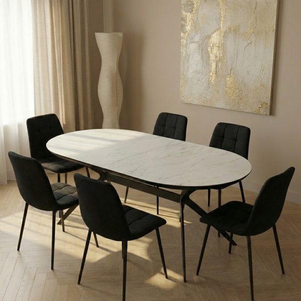 פינת אוכל אובלית דגם סורינו דמוי שיש לבן מבריק + 6 כסאות - 14 סועדים