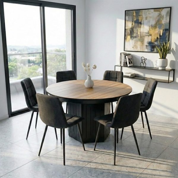 פינת אוכל עגולה נפתחת דגם טרוסה דמוי עץ טבעי + 6 כסאות - 16 סועדים