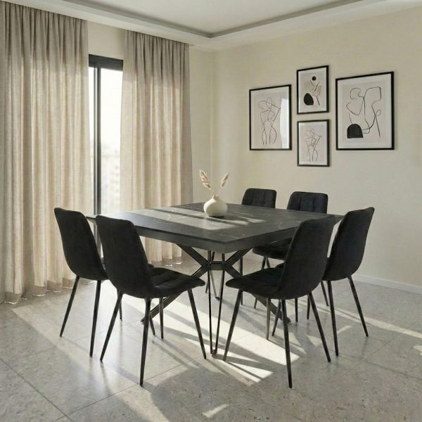 פינת אוכל מרובעת נפתחת דגם טיבו דמוי שיש שחור + 6 כסאות - 12 סועדים