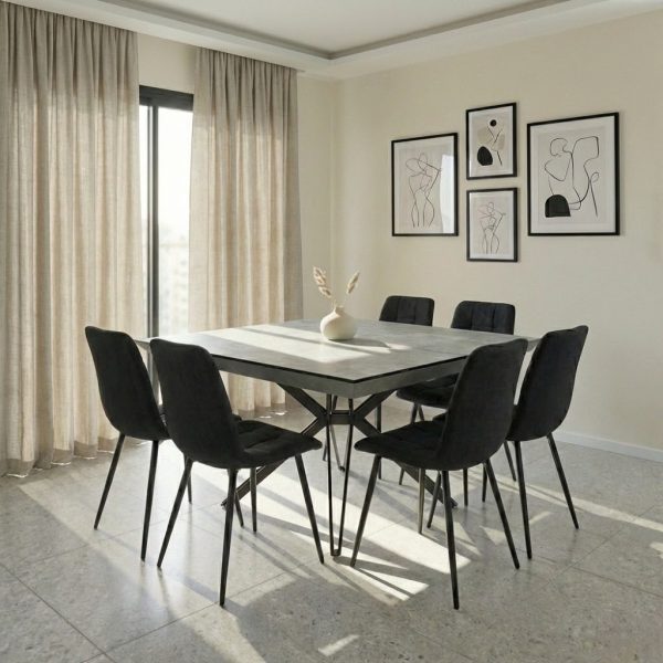 פינת אוכל מרובעת נפתחת דגם טיבו דמוי אבן אפור + 6 כסאות - 12 סועדים