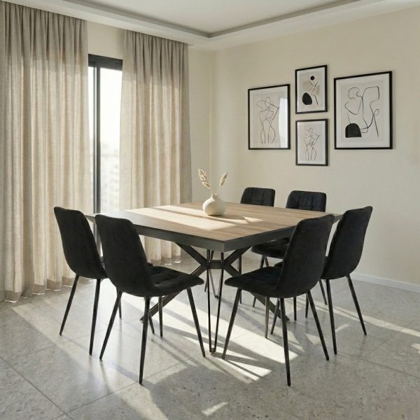 פינת אוכל מרובעת נפתחת דגם טיבו דמוי עץ טבעי + 6 כסאות - 12 סועדים