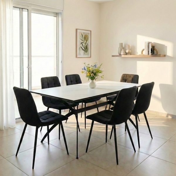 פינת אוכל מלבנית דגם דרמור דמוי שיש לבן + 6 כסאות - 14 סועדים