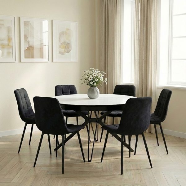 פינת אוכל עגולה נפתחת דגם קסטלו דמוי שיש לבן + 6 כסאות - 10 סועדים